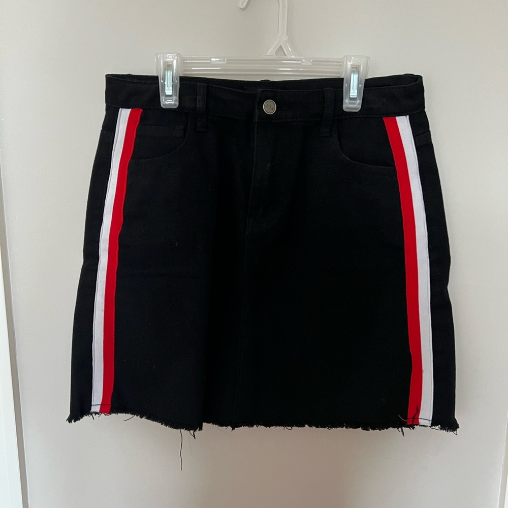 Red and white stripe black Jean skirt